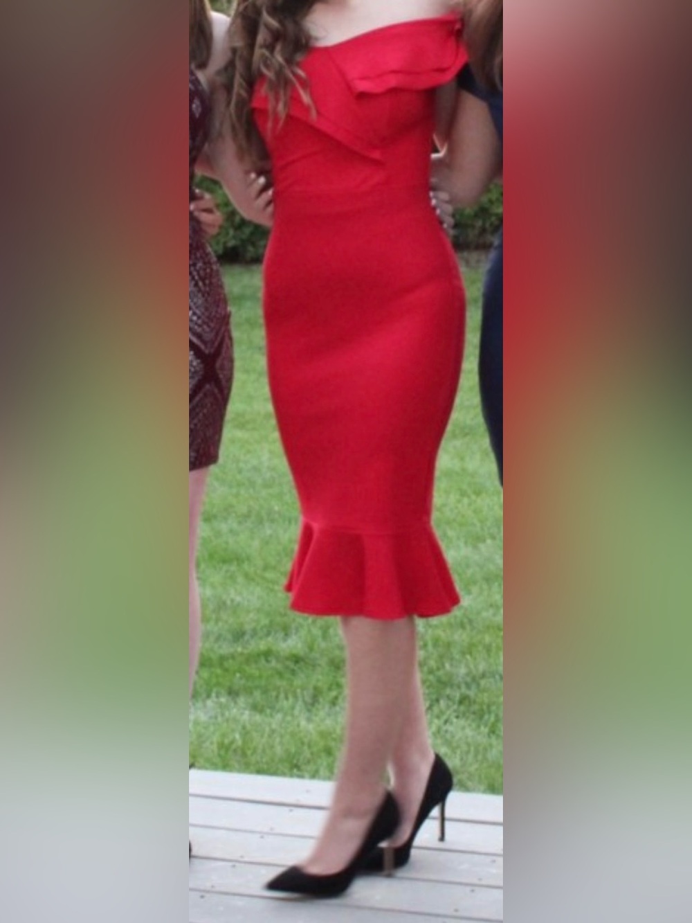Off The Shoulder Red Peplum-Hem Midi Dress